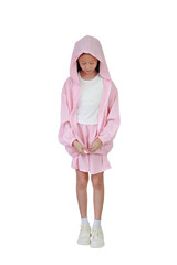 Wall Mural - Asian girl child in pink sport wear hood head clothes learning get dressed, Zip it up his shirt while standing isolated on white background. Image full length.