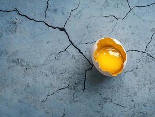 Poster - One egg cracked revealing liquid gold inside against cracked concrete macro shot, gritty style, urban setting, intense contrast, muted tones