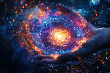 Wall Mural - A hand is holding a glowing orb in a dark, mysterious space