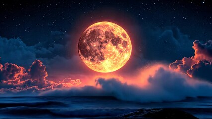 Wall Mural - Full moon over ocean with glowing clouds