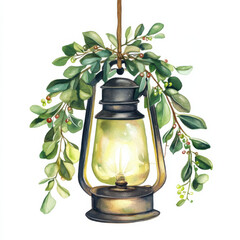 Wall Mural - vintage lantern adorned with greenery and berries, creating warm, inviting atmosphere. Perfect for festive decor or cozy settings