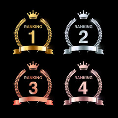 gold, silver, bronze and rose gold crown laurel vector medals set. ranking 1, 2, 3, 4 emblems on whi