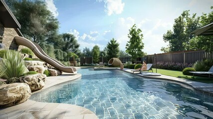 Wall Mural - animation tranquil garden with refreshing pool view generated with ai