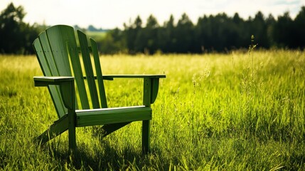 Poster - A green wooden chair sits in a lush field,  sun shining through the tall grass.