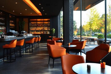 Wall Mural - A bar with orange chairs and tables