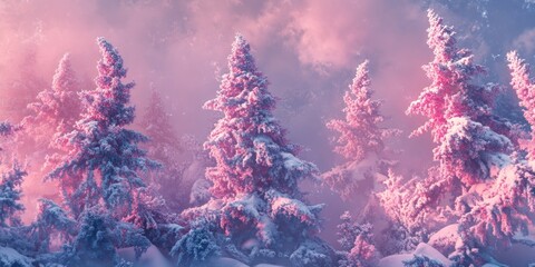 Poster - Snow-covered fir trees bathed in pink light at sunrise.