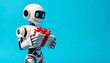 © Chaudhry - A friendly robot holding a gift box with a red bow, against a bright blue background, christmas present, Merry Christmas and a Happy New Year concept, created with generative ai