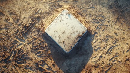 Poster - A baseball field's home plate with a focus on the dirt and plate surface, outdoor setting with bright sunlight, Rugged style