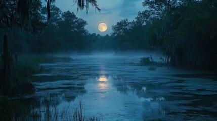 Wall Mural - A full moon shines over a misty swamp with trees on either side of the frame.