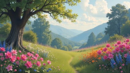 Fototapete - A beautiful landscape with a path leading to a tree