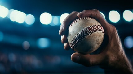 Wall Mural - A baseball pitcher's grip on the ball, outdoor setting under stadium lights, Dramatic style