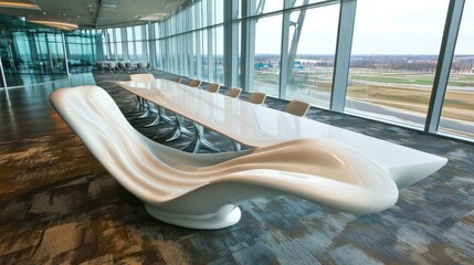 Sticker - Modern Conference Room Featuring Unique Sculptural Seating and Long White Table Overlooking City Skyline in Bright, Airy Environment