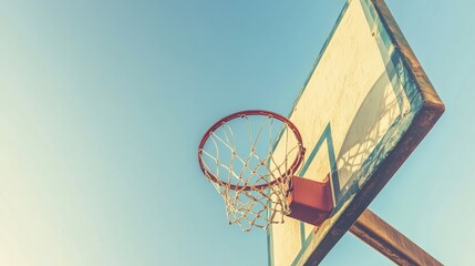 Poster - A basketball backboard and hoop, urban outdoor setting with clear sky, Urban style