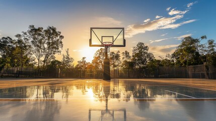 Aufkleber - A basketball backboard with glass surface, outdoor setting during sunset, Urban style