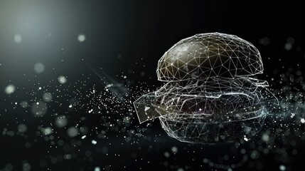 Abstract polygonal burger on a dark background with bokeh effects.
