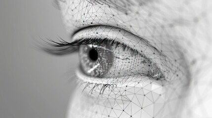 Close up of an eye with a futuristic digital grid overlay, representing the convergence of technology and humanity.
