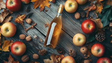 Canvas Print - Rustic Apple Cider on Wooden Table Celebrate Apple Cider Day, Thanksgiving, and Halloween with a Seasonal Farm-to-Table Experience