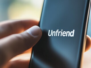 Poster - Macro Shot of Finger Pressing Unfriend on Smartphone Screen - Digital Decluttering and Boundaries