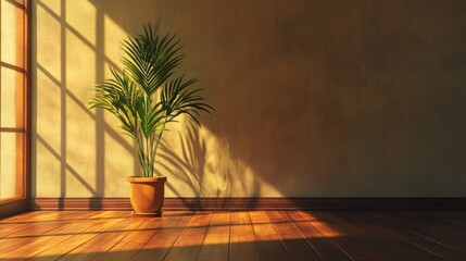 Poster - A potted plant stands in a corner of a room with sunlight streaming through the window.