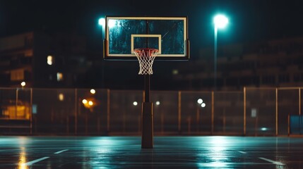Aufkleber - A basketball court's backboard with detailed reflections of city lights, urban setting at night, Moody style