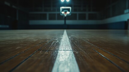 Leinwandbilder - A basketball court's free throw line with focus on the painted line, outdoor setting under twilight, Dramatic style