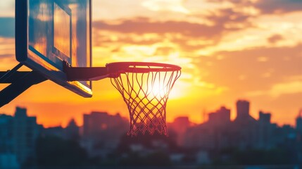 Aufkleber - A basketball court's hoop with a focus on the sunset in the background, urban setting with colorful skyline, Vibrant style