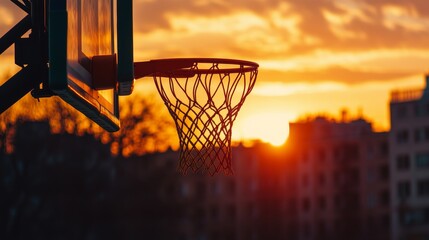 Aufkleber - A basketball court's hoop with a focus on the sunset in the background, urban setting with colorful skyline, Vibrant style