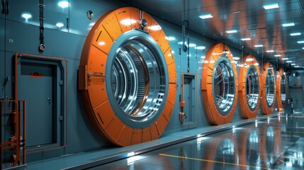 A futuristic hallway with large circular doors and glowing lights.