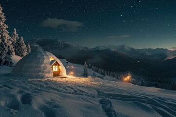 Wall Mural - A cozy snow-covered cabin with warm, inviting lights glows in the snowy mountains under a starry night sky.