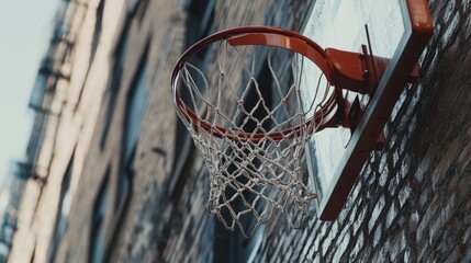 A basketball hoop with net and backboard, urban rooftop setting, Street style