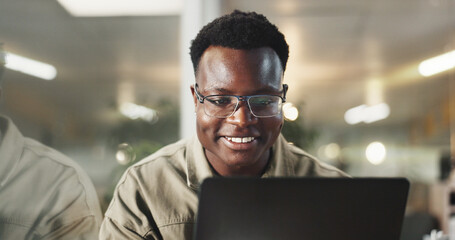 Poster - Black man, laptop and global communication in office, email client and online to update website. Male person, journalist and chat to contact for quote in workplace, glasses and reporter for article
