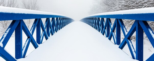 Sticker - Winter storm blizzard intensity, A narrow blue bridge spans across a snowy landscape, disappearing into a foggy white expanse, creating a serene and tranquil winter scene.