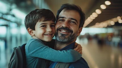 Joyful father and son portrait at airport, capturing a heartwarming travel moment together