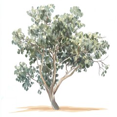 A detailed illustration of a eucalyptus tree showcasing its unique leaves and branch structure