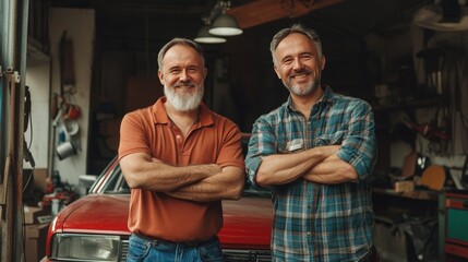 Wall Mural - Joyful father and son posing together in garage next to their car   heartwarming portrait