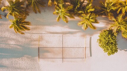 Poster - A beach volleyball court with sandy surface, outdoor setting with palm trees, Tropical style