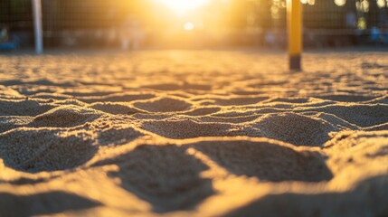 Aufkleber - A beach volleyball court's sand with sun reflections and player footprints, outdoor setting in late afternoon sun, Radiant style