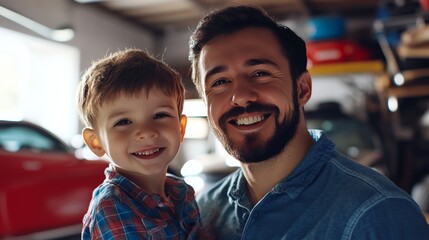 Wall Mural - Joyful father and son posing together in a garage next to their car, capturing a heartwarming moment