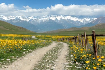 Poster - A winding dirt road leads through a field of yellow wildflowers towards a snow-capped mountain range under a blue sky with puffy white clouds.