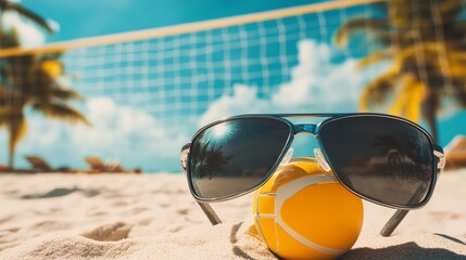 Poster - A beach volleyball player's sunglasses and ball, outdoor setting on a sandy court, Tropical style