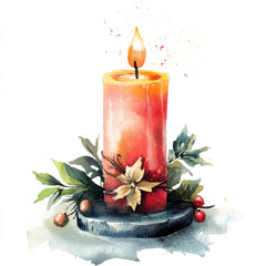 Wall Mural - vibrant red candle surrounded by greenery and berries, creating warm and festive atmosphere. Perfect for holiday decor or cozy settings