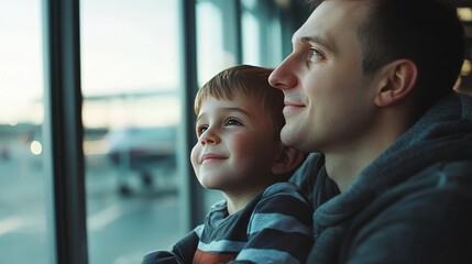 Wall Mural - Joyful father and son sharing a moment together at the airport   heartwarming portrait of bonding