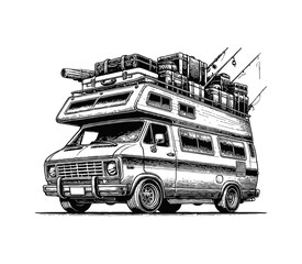 Wall Mural - camper van loaded with luggage and travel gear on its roof engraving black and white outline
