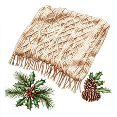 Wall Mural - Cozy knitted blanket with festive holly and pinecones, perfect for winter. This warm accessory adds touch of holiday spirit to any setting