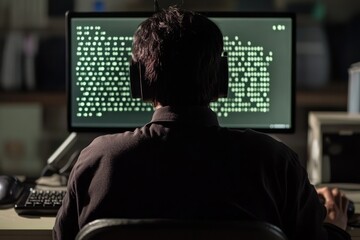 A man wearing headphones sits in front of a computer screen with code displayed.