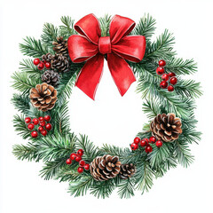 Wall Mural - festive Christmas wreath adorned with pinecones, red berries, and bright red bow, perfect for holiday decorations