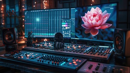 A modern music studio with a professional audio interface, mixing console, and dual monitors. One monitor displays a floral image.