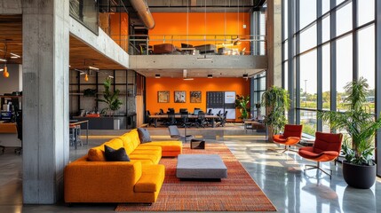 Wall Mural - A large, open office space with a bright orange wall and a lot of plants