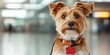 © patpongstock - pet travel  vacation  road trip concept. A close-up of a small dog with a curious expression, set against a blurred airport background, showcasing its fluffy fur and distinctive collar.