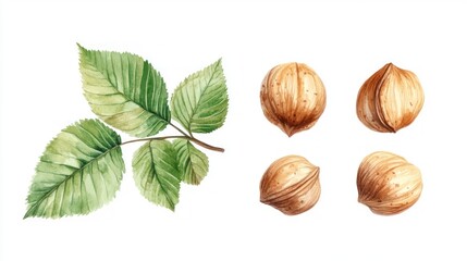 Watercolor illustration of hazelnut branch with leaves and nuts isolated on white background.